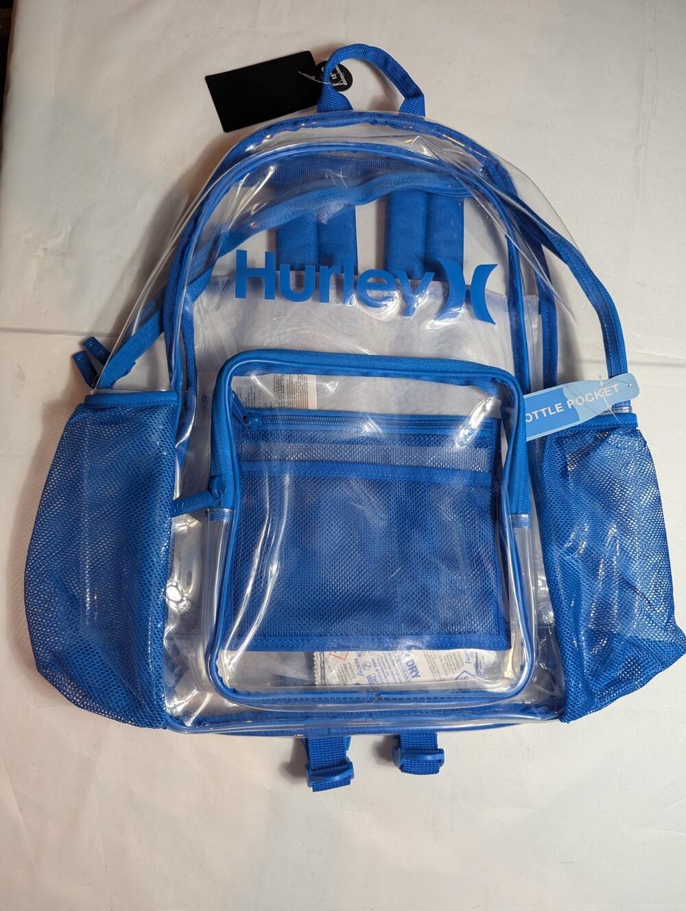 Hurley Clear See Through Backpack With Bottle Pocket Fits 15" Laptop Blue